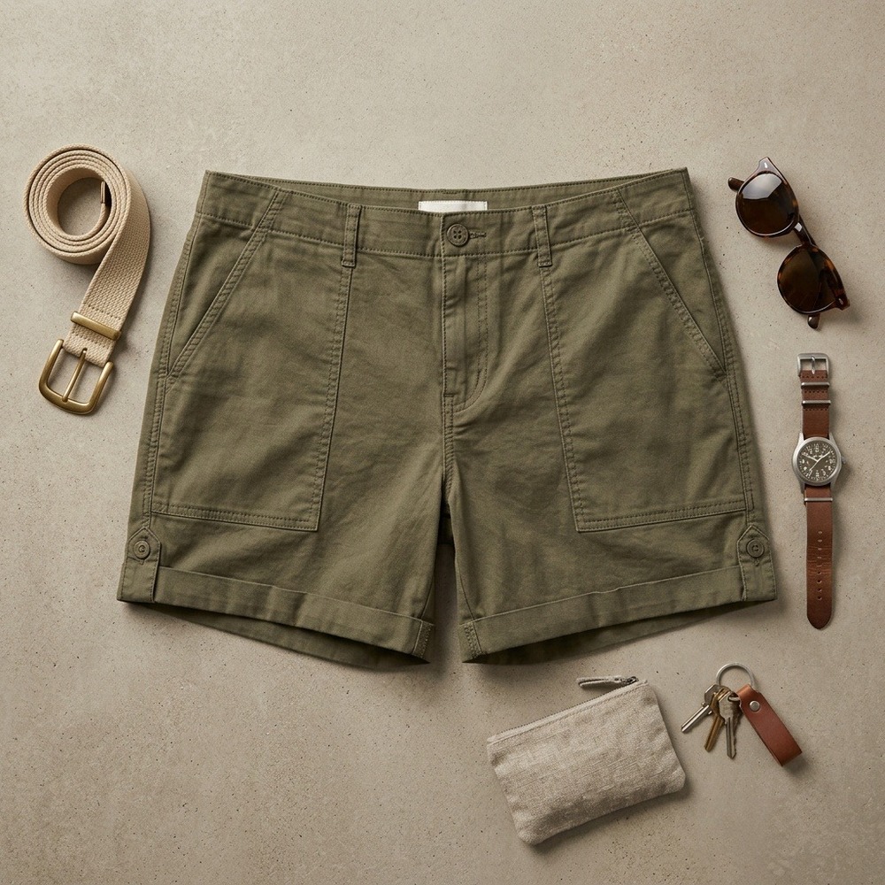 Sanctuary Womens 2X Olive Green Utility Cargo Shorts Roll Tab Cuffed Plus